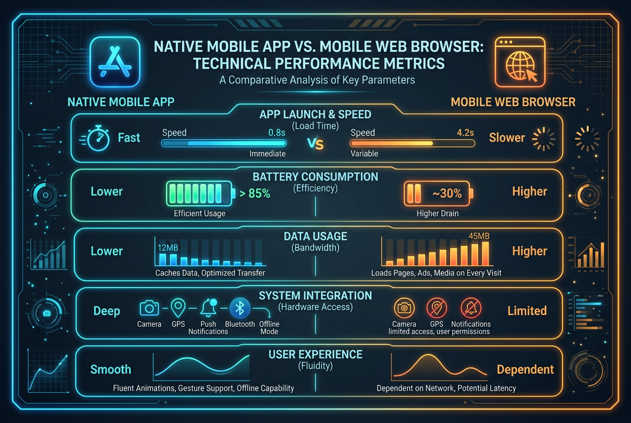 Infografika porównująca wydajność aplikacji kasynowej i strony mobilnej