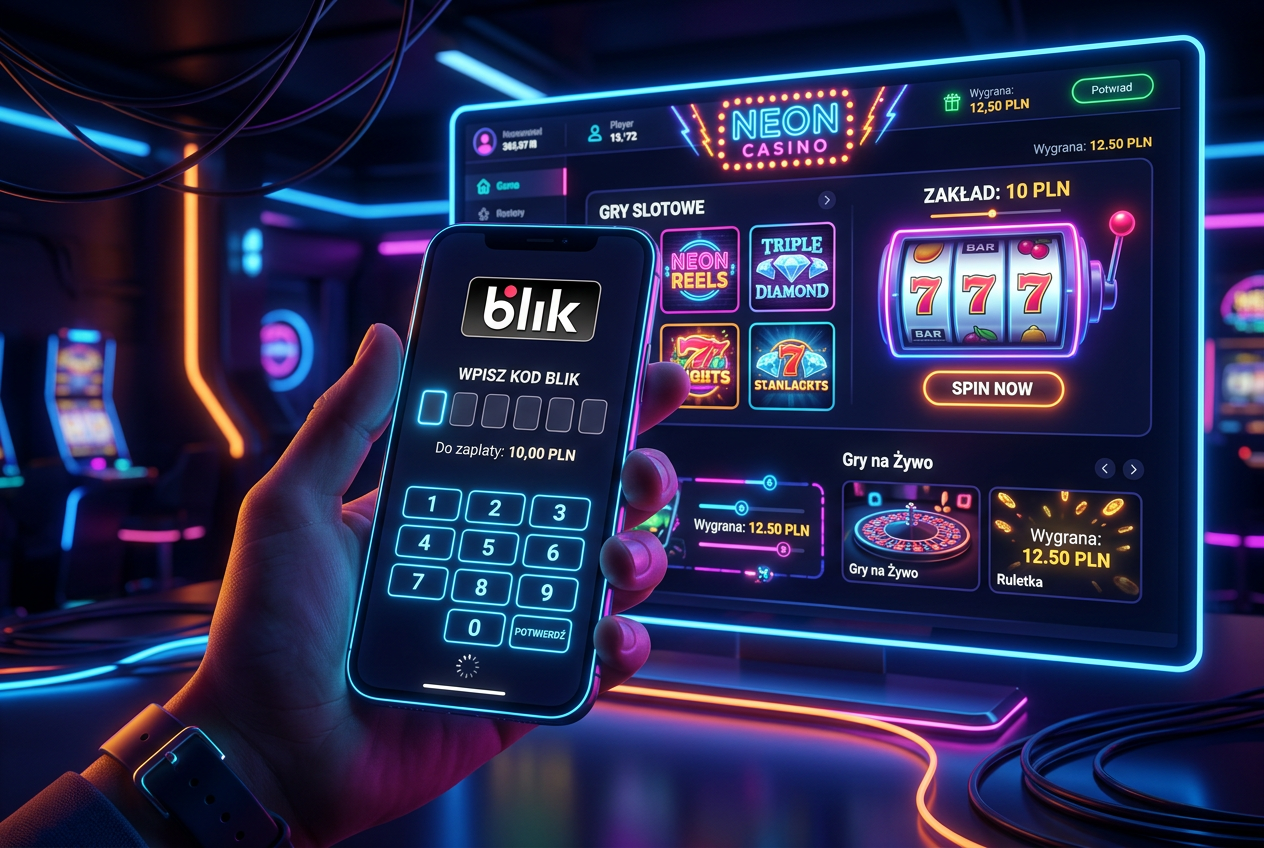 Interfejs płatności mobilnej BLIK w smartfonie na tle nowoczesnego kasyna online