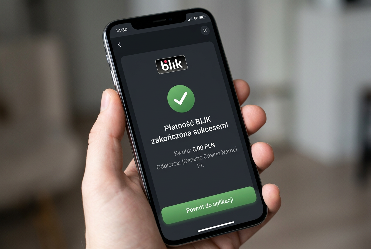 Ekran smartfona z potwierdzeniem depozytu 5 PLN w kasynie online przez system BLIK