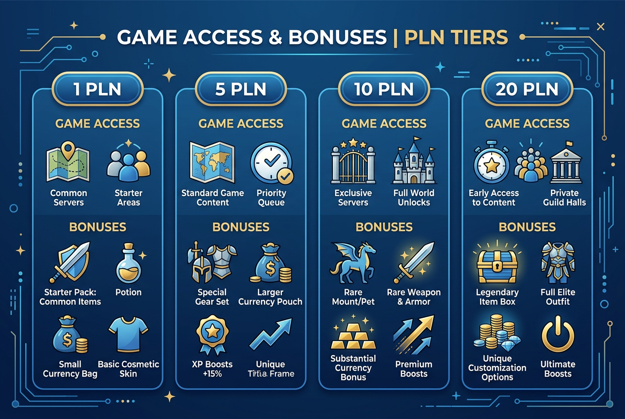Infografika porównująca progi depozytowe 1 PLN, 5 PLN, 10 PLN i 20 PLN w kontekście dostępnych korzyści