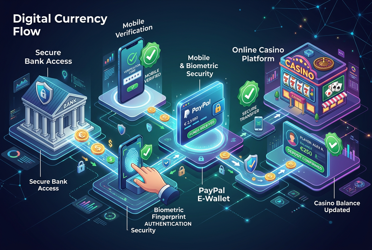Infografika protokołu bezpieczeństwa transakcji e-wallet między bankiem a kasynem