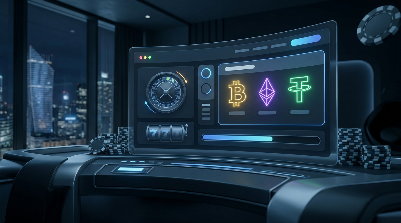 Nowoczesny interfejs krypto kasyna z neonowymi symbolami kryptowalut
