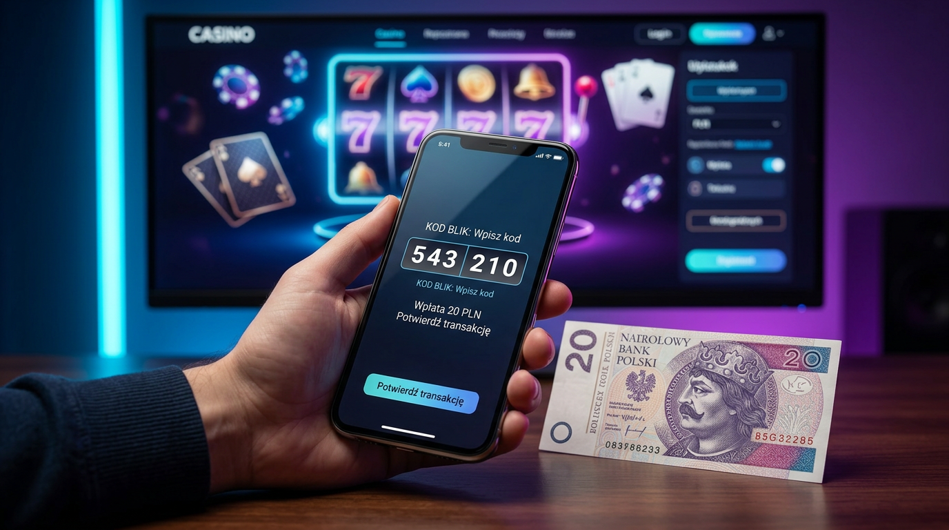 Smartfon wyświetlający kod BLIK oraz banknot 20 zł na tle nowoczesnego kasyna online