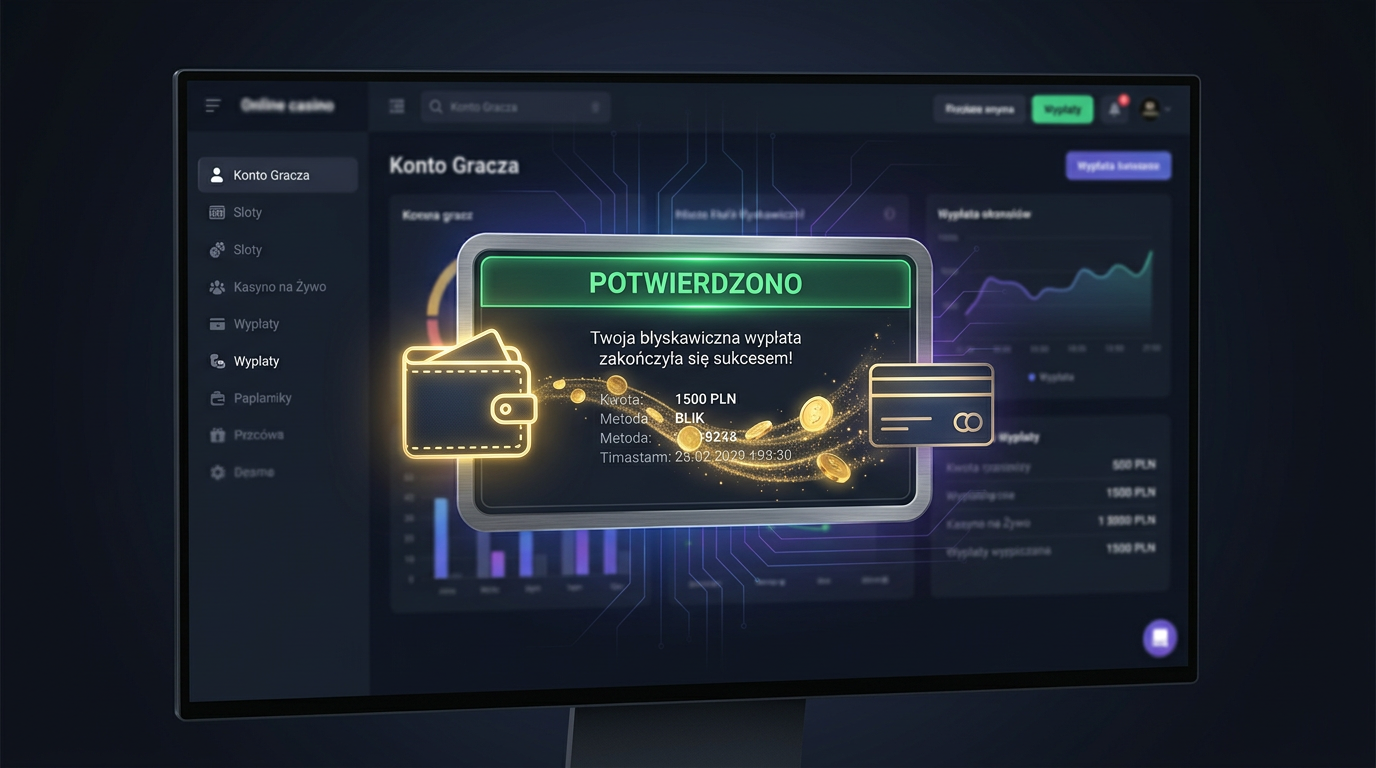 Nowoczesny interfejs kasyna online z powiadomieniem o udanej natychmiastowej wypłacie i złotymi monetami.