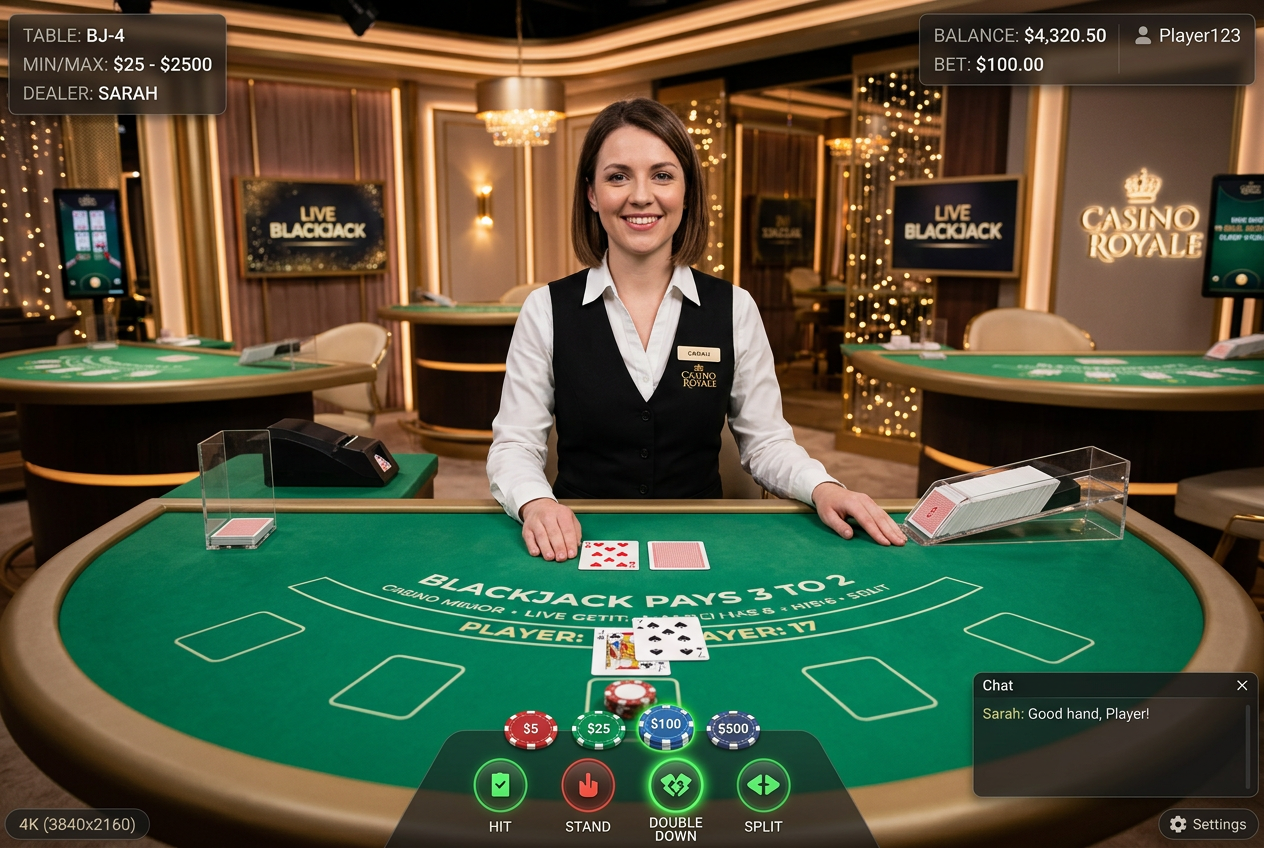 Widok na interfejs kasyna na żywo z profesjonalnym krupierem przy stole do blackjacka
