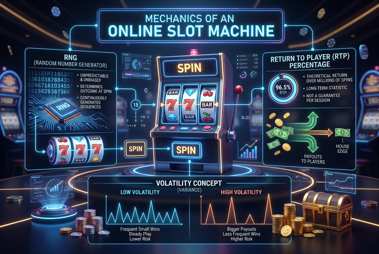 Infografika przedstawiająca mechanikę slotów online, system RNG i wskaźnik RTP