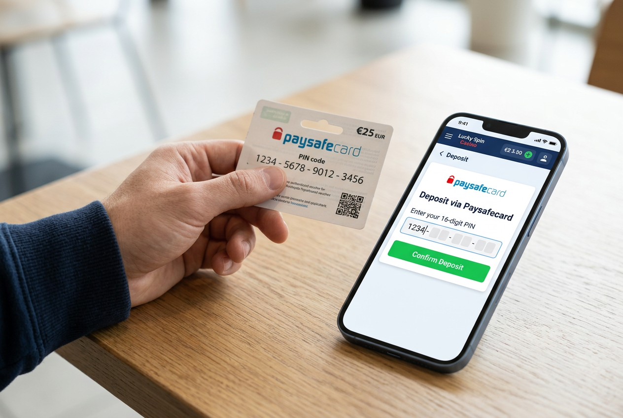 Osoba trzymająca wydrukowany kupon Paysafecard obok smartfona z interfejsem wpłaty do kasyna