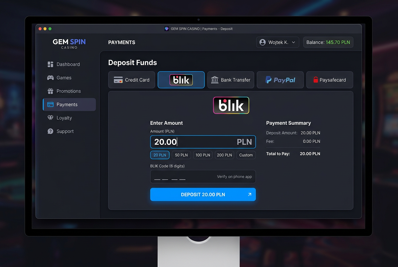 Interfejs płatności BLIK w kasynie online z kwotą 20 PLN