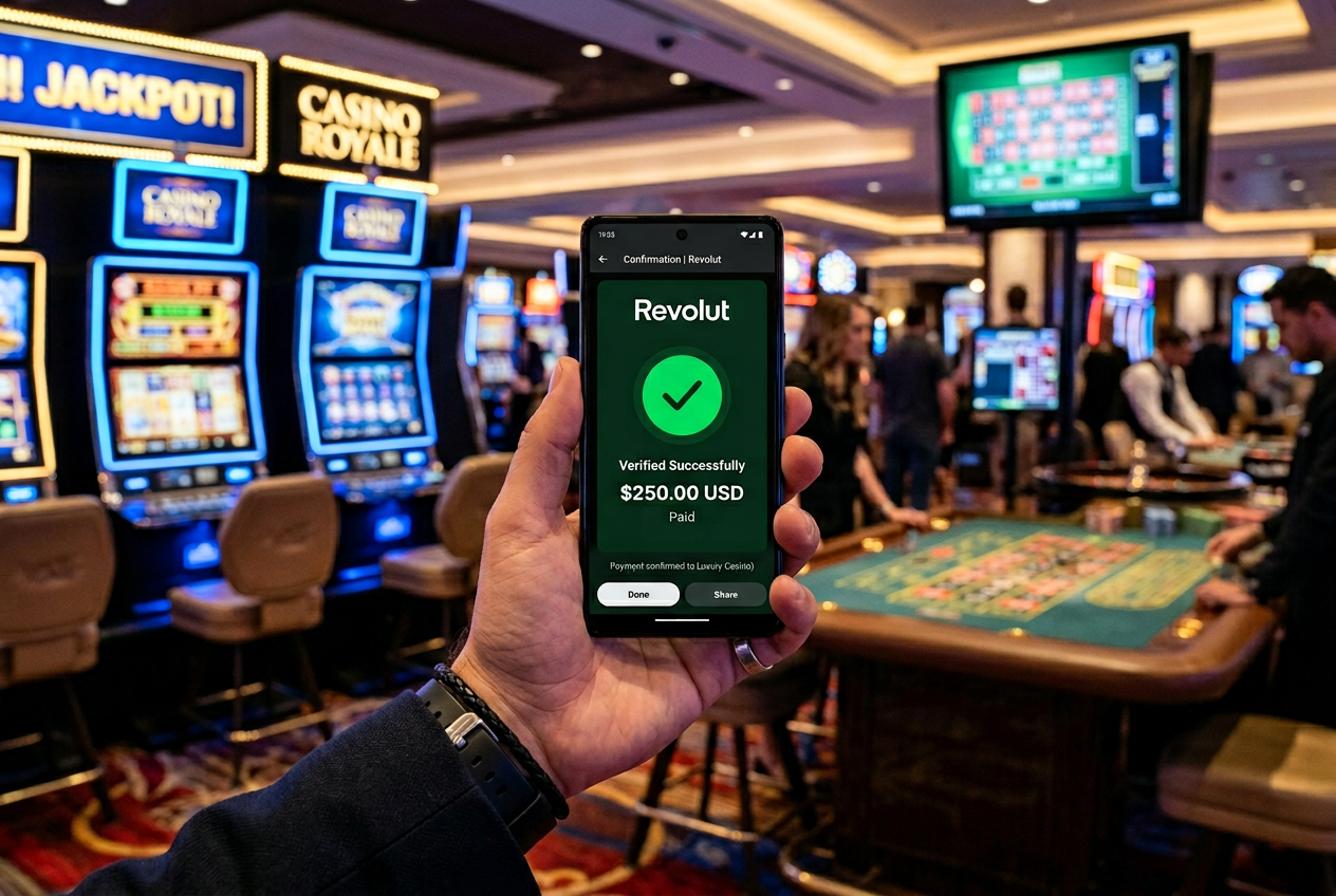 Smartphone displaying Revolut app with a verification check mark for a casino payout