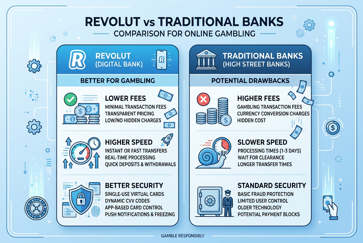Infographic comparing Revolut and traditional bank fees and speed for online gambling